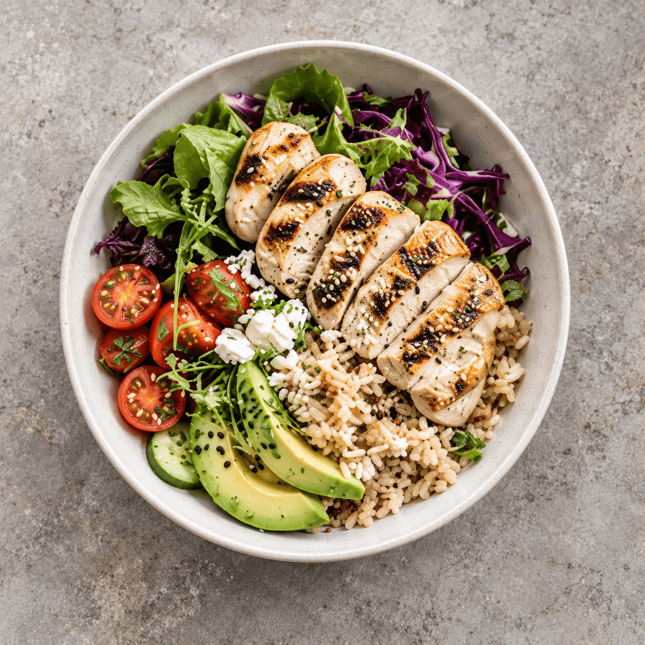 Tavuk, kinoa ve avokadolu bir kase, LeanFood tarama çerçevesinde.